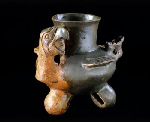 Complete ceramic effigy jar, sculptured bird with human face, 3 rattle legs.