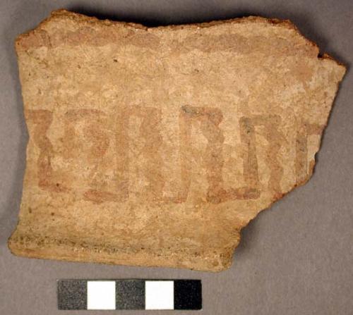 Ceramic rim sherd, slightly flaring, exterior red on buff geometric decoration