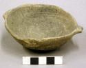 Ceramic bowl, plain grey-ware, 2 handles, incised pattern along outside rim