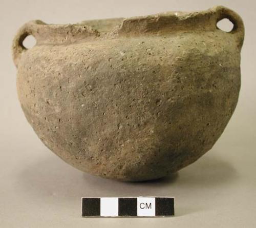 Ceramic vessel, short neck, two handled, chipped rim.