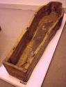 Coffin, joined wood, no lid, painted designs, losses pigment and wood, cracked