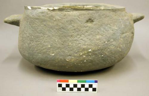 Plaster cast of steatite vessels, with lugs, painted gray.