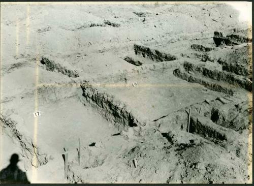 Scan of photograph from Judge Burt Cosgrove photo album. October-November 1933. Pendleton Ruin. Smooth upper adobe floor in Room 17.