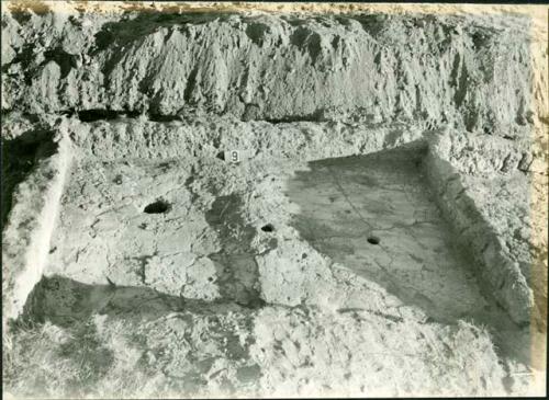 Scan of photograph from Judge Burt Cosgrove photo album.Oct.Nov.1933 Pendleton Ruin. Settling of floor in west half indicates early cross wall below. Plastered floor extremely hard and in places 3 inches thick.