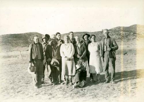 Scan of photograph from Judge Burt Cosgrove photo album.Left to right C.B. Cosgrove Jr-Big Boy Taylor- Dr.A.V.Kidder-Floyd Caldwell-Mrs.Kidder-Laddie Pendleton-Mrs.C.B.Cosgrove-Sam Snider-Mrs Tom Pendleton-C.B.Cosgrove-Jimmie Kidder