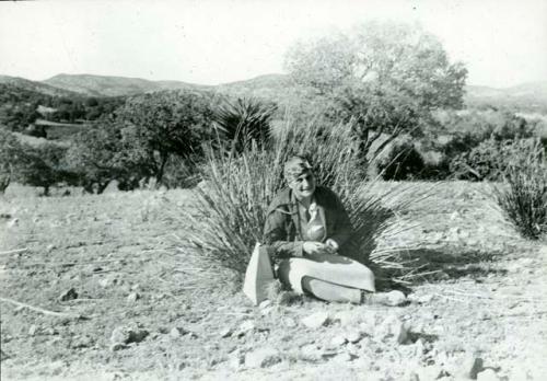 Scan of photograph from Judge Burt Cosgrove photo album.Nov. 15 1933 "The Gypsy" Madeleine Kidder - at Stewart Ruin -