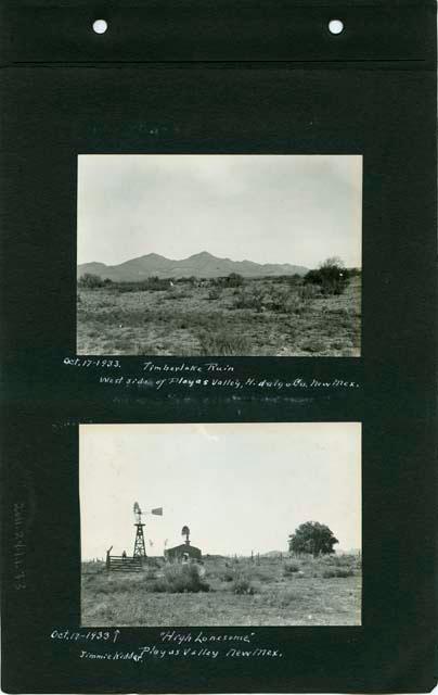 Scan of page from Judge Burt Cosgrove photo album. Oct.17-1933 Timberlake Ruin West side of Playas Valley, Hidalgo Co. New Mex.