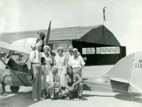 Scan of photograph from Judge Burt Cosgrove photo album.At dedication of Lordburg New Mex. airport 1931 (?)-Judge Willard Holt-Mildred Cosgrove-Mrs.and Mr. Matt Gammon-(?)-C.B.Cosgrove Jr.-(?)