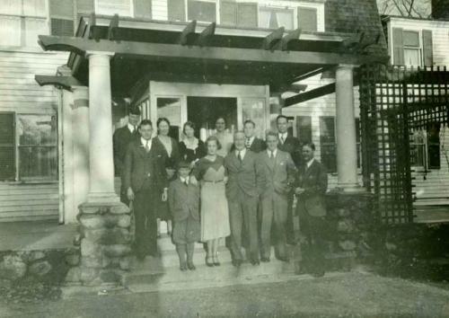 Scan of photograph from Judge Burt Cosgrove photo album.Thanksgiving at A.V.Kidders Nov.25-1932 Deric Nusbaum-H.S.Cosgrove-Hulda Haury-Madeline Kidder-Alfred Kidder-Emil Haury-Bob Nauchop-Jimmie Barbara, Dr. A.V and Randolph Kidder-Henry Roberts