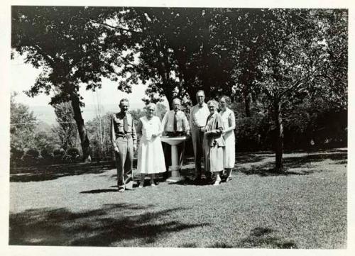 Scan of photograph from Judge Burt Cosgrove photo album.Aug.27 1931 C.B. Cosgrove Jr.-Jessie Kinney-C.B. Cosgrove-Arthur Kinney-Mrs.J.B.Silliman-H.S. Cosgrove Atchison Kans.