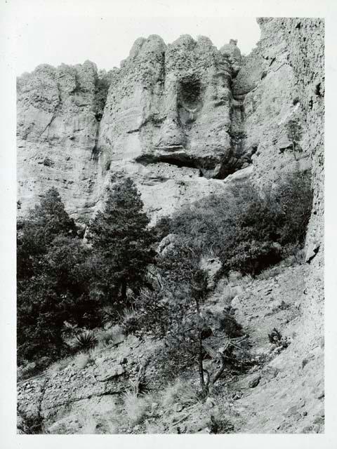 Scan of photograph from Judge Burt Cosgrove photo album.Fortified Cave in Saddle Mt. Pueblo Creek Catron Co N.Mex 10-26-30