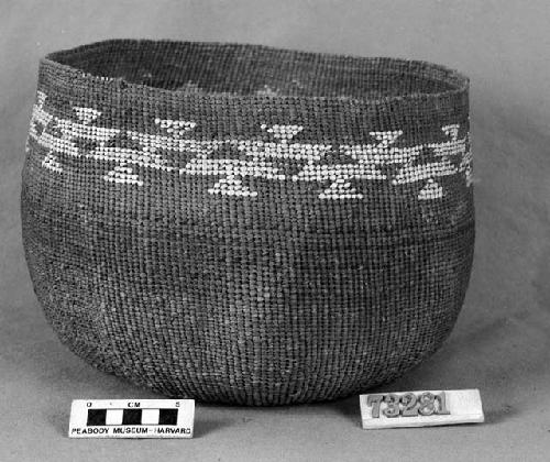 Mush or cooking bowl from the collection of G. Nicholson and C. Hartman. Plain and three-strand twined, one-face overlay.