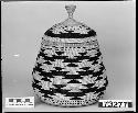 Lidded trinket basket from Mrs. Hecko. From the collection of G. Nicholson and C. Hartman. Plain and three-strand twined, one-face overlay.