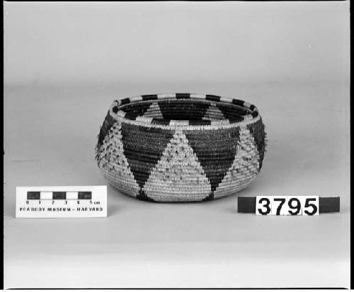 Feathered, low-shouldered trinket basket. Collected 1897. Coiled, three-rod foundation.