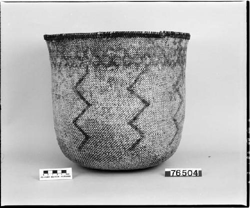 Cylindrical utility basket from Lottie Pokenharn's grandmother. Collected by G. Nicholson and C. Hartman. Diagonal twined.