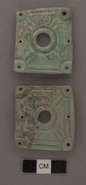 2 (pair) carved rectangular jade objects - width, 42.3 mm.; thickness 4.8 mm.