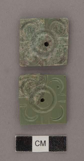 2 fragments of carved square jade rosette - thickness 3.5 mm. max. & 3.2 mm.