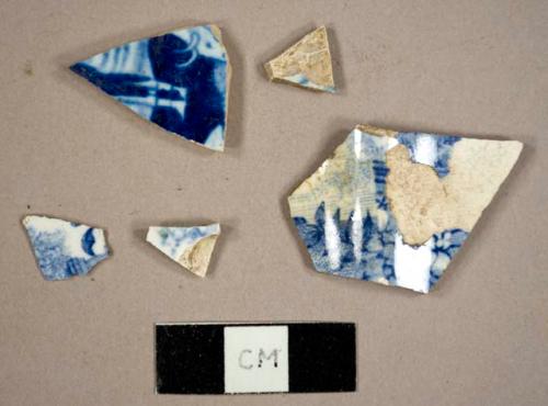 Whiteware and pearlware sherds with blue on white transfer print