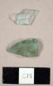 Aqua bottle glass fragments, one melted