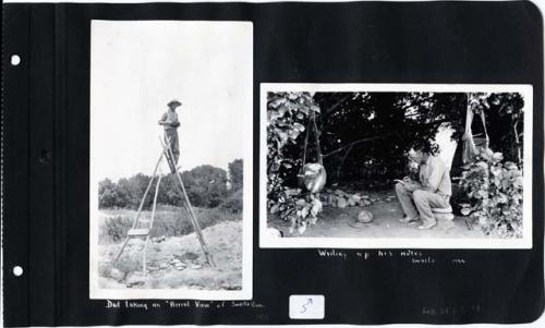 Scan of page from Judge Burt Cosgrove photo album.  Dad taking an "aerial" view of Swarts Ruin, 1924.  Writing up his notes,  Swarts, 1924.
