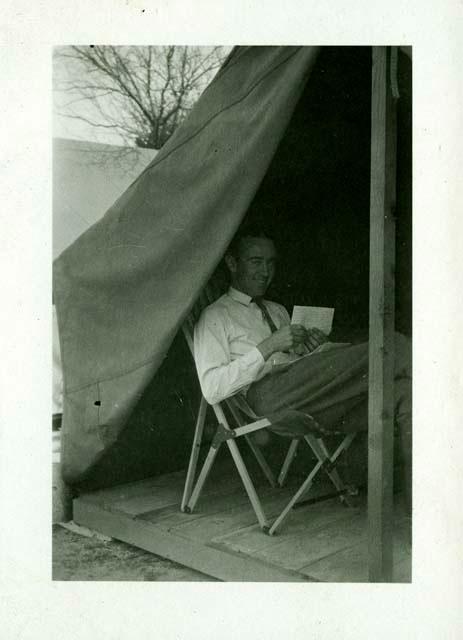 Scan of photograph from Judge Burt Cosgrove photo album."A ham archaeologist" March 1927 Casa Grande Ariz.