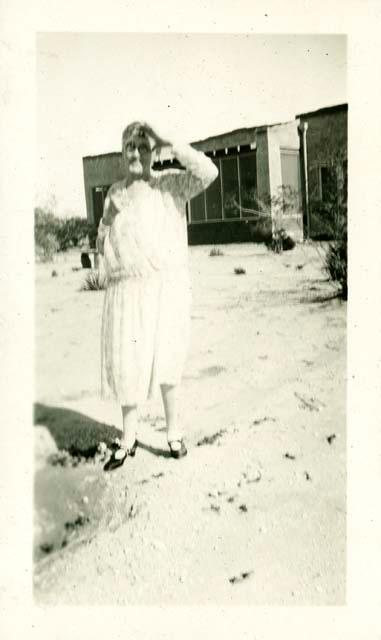 Scan of photograph from Judge Burt Cosgrove photo album.Mrs.J.B.Silliman-Tucson Ariz. July 1928 Desert Sanatorium