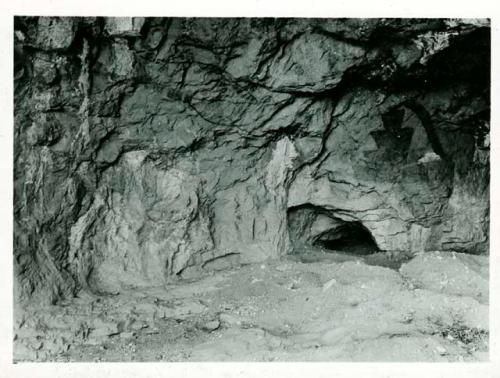 Scan of photograph from Judge Burt Cosgrove photo album.Pictographs "Picture Cave" N.E. of El Paso Tex. July 1928.