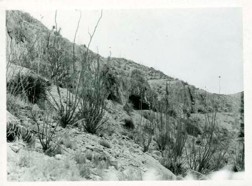 Scan of photograph from Judge Burt Cosgrove photo album."Picture Cave"-Hueco Mts. N.E. of El Paso Tex. July 1928.