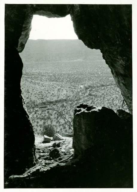 Scan of photograph from Judge Burt Cosgrove photo album.Camp from Cave 7 Hueco Mts. N.E. of El Paso Tex. July 1928.