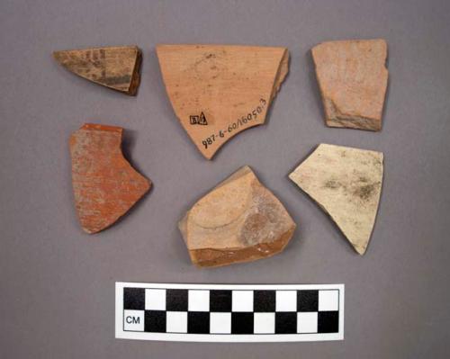 Ceramic sherds, rim sherds and one base sherd, some with pigment