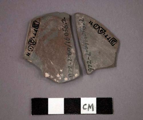 Ceramic body sherds, incised designs exterior, red painted designs interior, will mend together