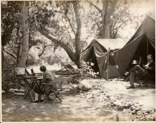 Scan of page from Judge Burt Cosgrove photo album.Camp at Swarts Pueblo Ruin, Mimbres Valley, Grant Co, New Mex. 1927