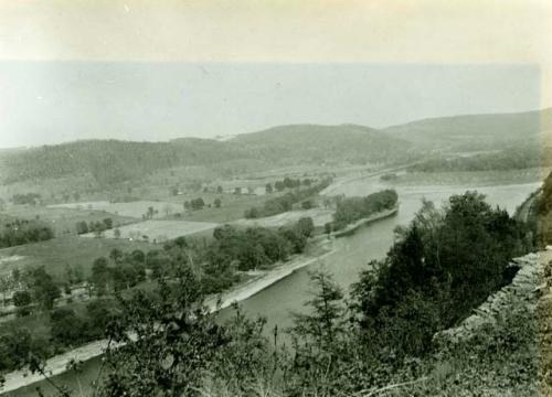 Scan of page from Judge Burt Cosgrove photo album. May 17 Susquehanna River to S.E.North of Towanda PA. Looking toward Breakneck Hill over which Sullivans expedition against the Iriquois Indians passed in 1779.