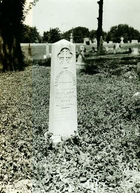 Scan of page from Judge Burt Cosgrove photo album.June 6-1934 Grave of Anthony Cosgrove Independence Mo.(One of Fremonts men to California in 1849)
