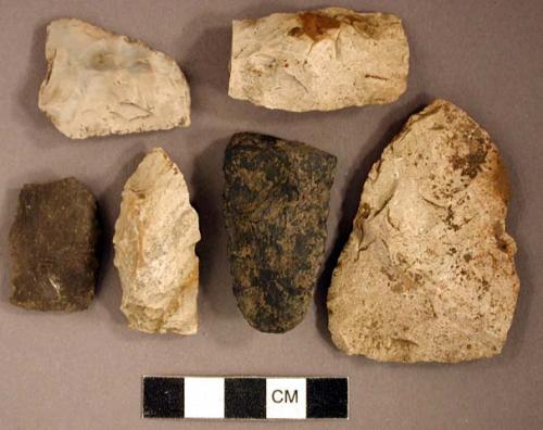 Chipped stone, scrapers; chipped stone, projectile point, triangular; chipped stone, projectile point fragment