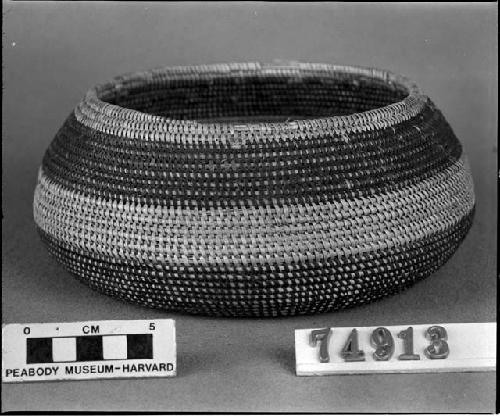 Storage basket made by Old Mollie, North Fork. Collected by C. Hartman for G. Nicholson. Coiled, interlocking stitches, three rod.