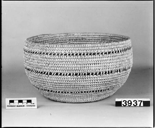 Globular bowl from the collection of W.Z. Park. Coiled, three-rod foundation, non-interlocking stitches.