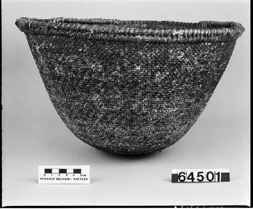 Mush bowl from a collection through G. Nicholson. Diagonal twined, pitch(?) covering, cross warp(?) start.