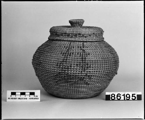 Lidded basket from the collection of G. Nicholson. Open coiled, three-rod foundation, non-interlocking stitches.