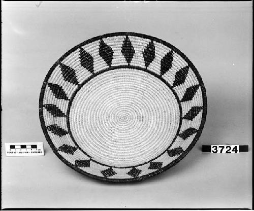 Shallow bowl, said to resemble old food bowl, made by Annie Laird, from the collection of I.T. Kelly. Coiled.]