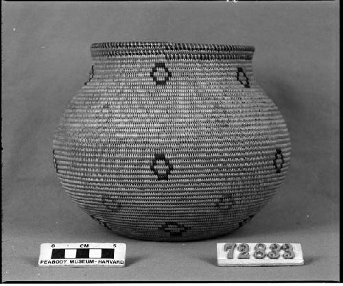 Jar-shaped basket from the collection of G. Nicholson. Coiled, three-rod foundation, non-interlocking stitches.