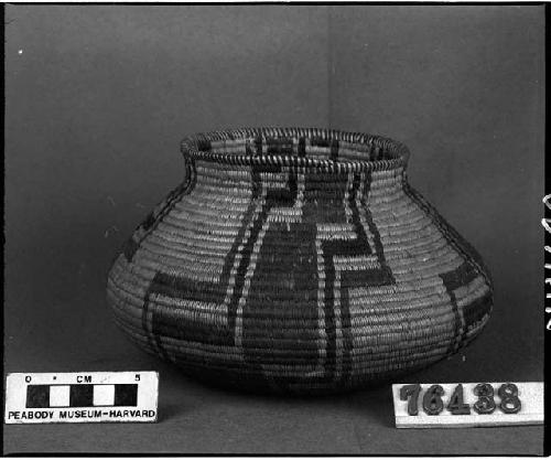 Jar-shaped basket from the collection of G. Nicholson and C. Hartman. Coiled, three-rod foundation(?).