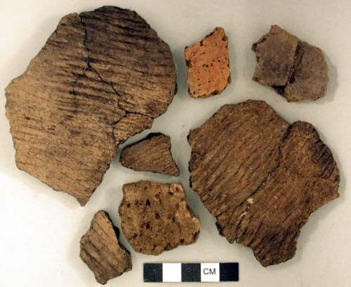 Coarse earthenware body and rim sherds, some cord impressed, some rocker dentate, some punctated