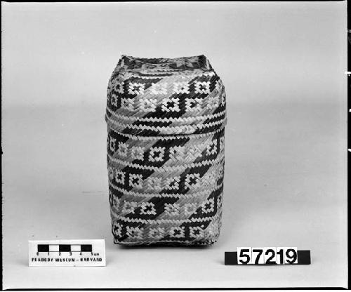 Covered cylindrical basket. From unknown collection. Double twill plaited.