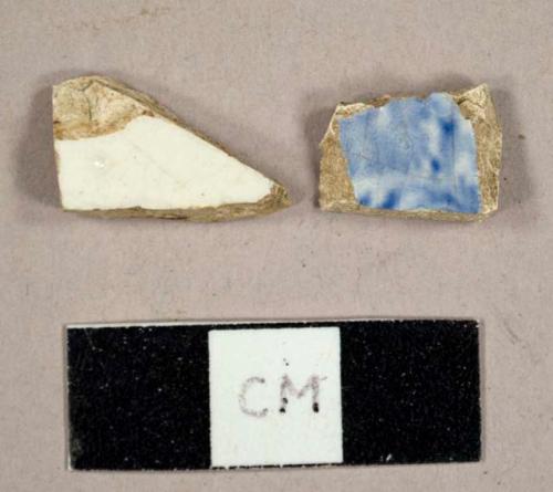 Whiteware sherds, one with blue on white transfer print on interior