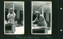 Scan of page from Judge Burt Cosgrove photo album.Madeline K. at work in the patio. 3/25/38