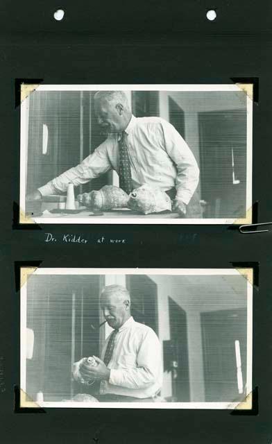 Scan of page from Judge Burt Cosgrove photo album.Dr.Kidder at work