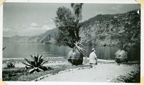 Scan of photograph from Judge Burt Cosgrove photo album.Lake Atitlan Mildred 3/5/28 Lake view from hotel Tzanjuhu