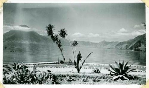 Scan of photograph from Judge Burt Cosgrove photo album.San Pedro volcano across Lake Atitlan