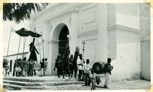 Scan of photograph from Judge Burt Cosgrove photo album.Religious procession San Juan de Zacatepequez 4/3/38